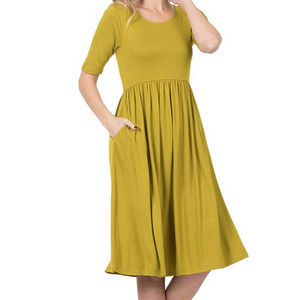 Zenana Olive Mustard 1/2 Sleeve Round Neck Dress with Waist Shirring Pockets, XL